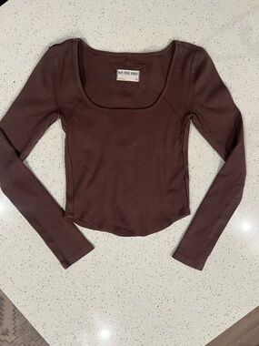 Free People Chocolate Brown Ribbed Scoop-Neck Long Sleeve Top